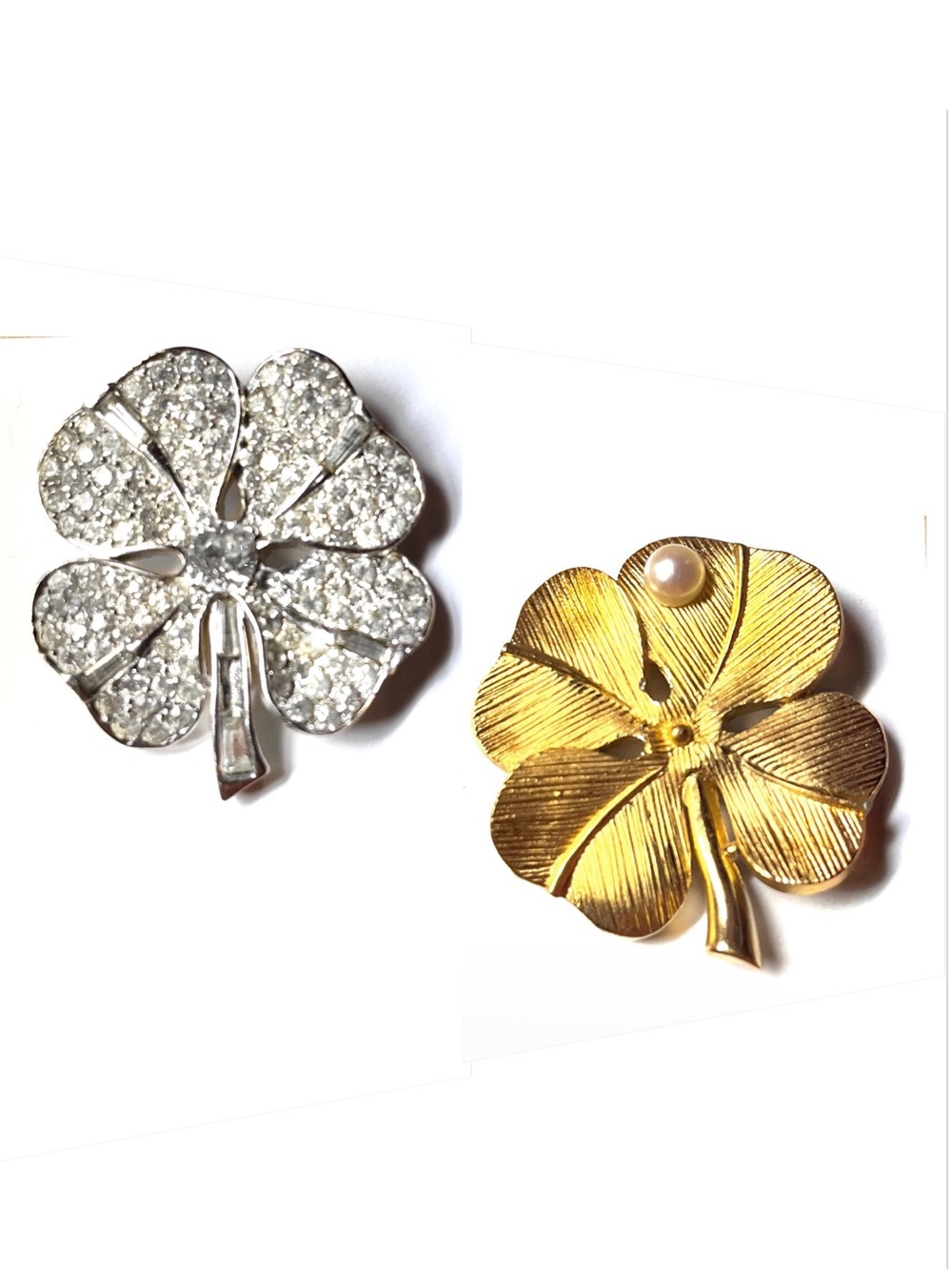 Boucher 2 Sided 4 Leaf Clover Real Pearl Brushed Gold Plate ‘Day & Night’ Brooch